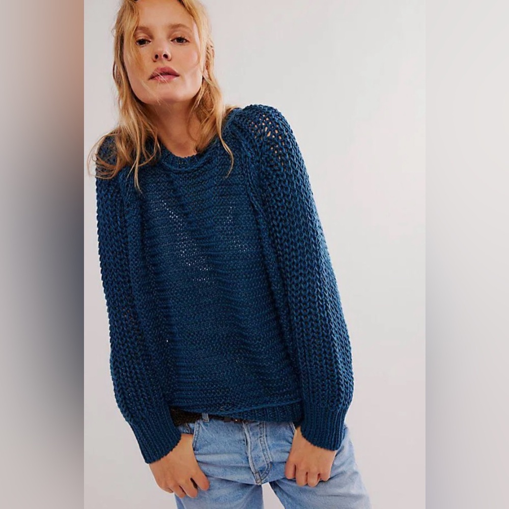 WE THE FREE MAJOLICA BLUE ESSENTIAL KNIT LINEN CREW SWEATER HEIRLOOM COLLECTION